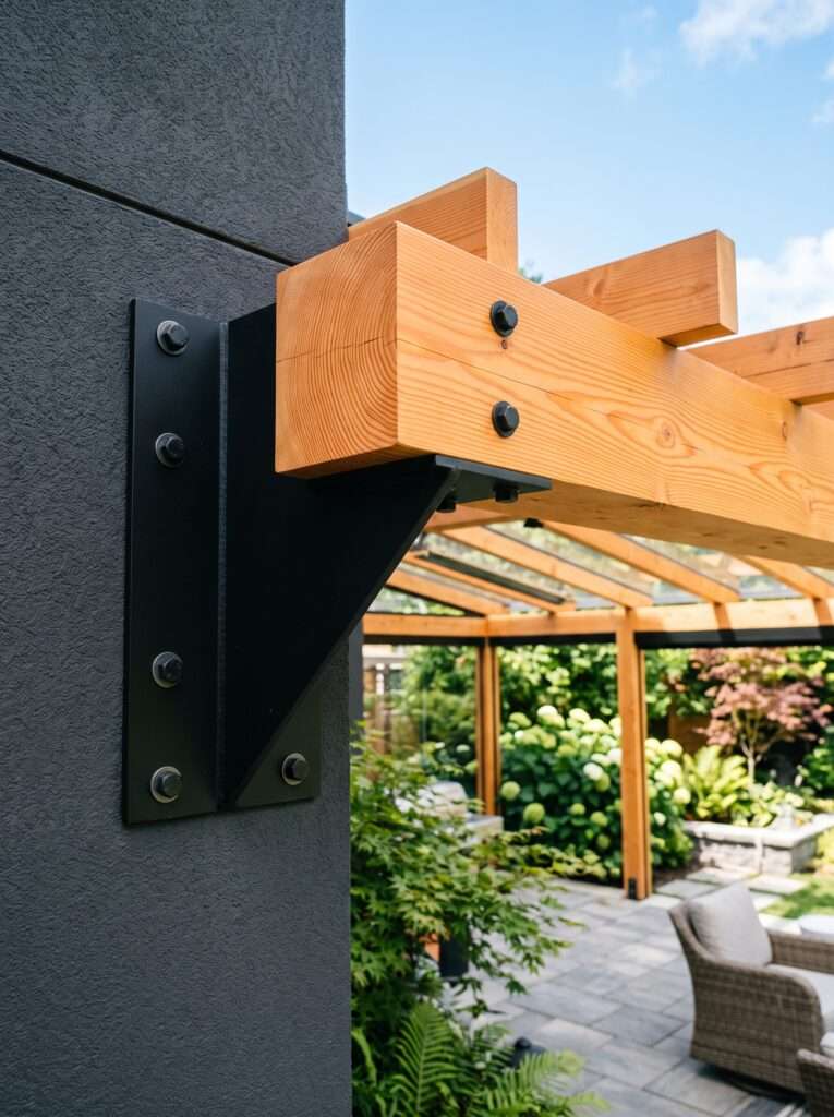 Modern black steel bracket connecting a clean Douglas fir timber rafter to a grey wall.