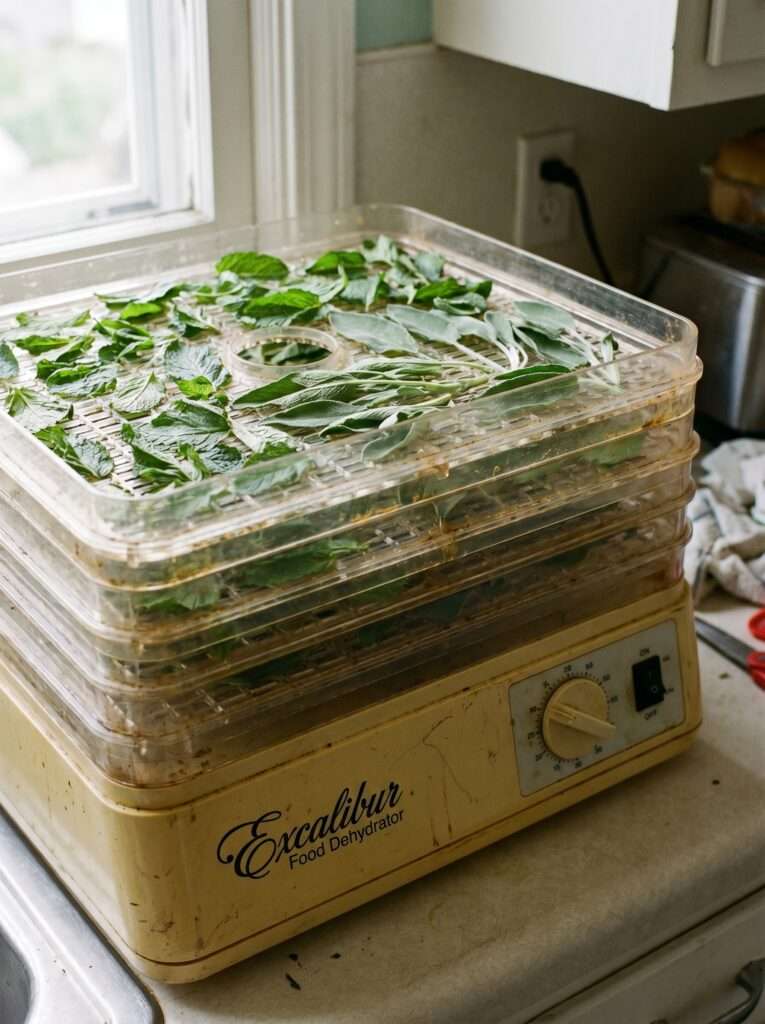 Close-up of green mint and sage leaves laid flat on plastic food dehydrator trays.