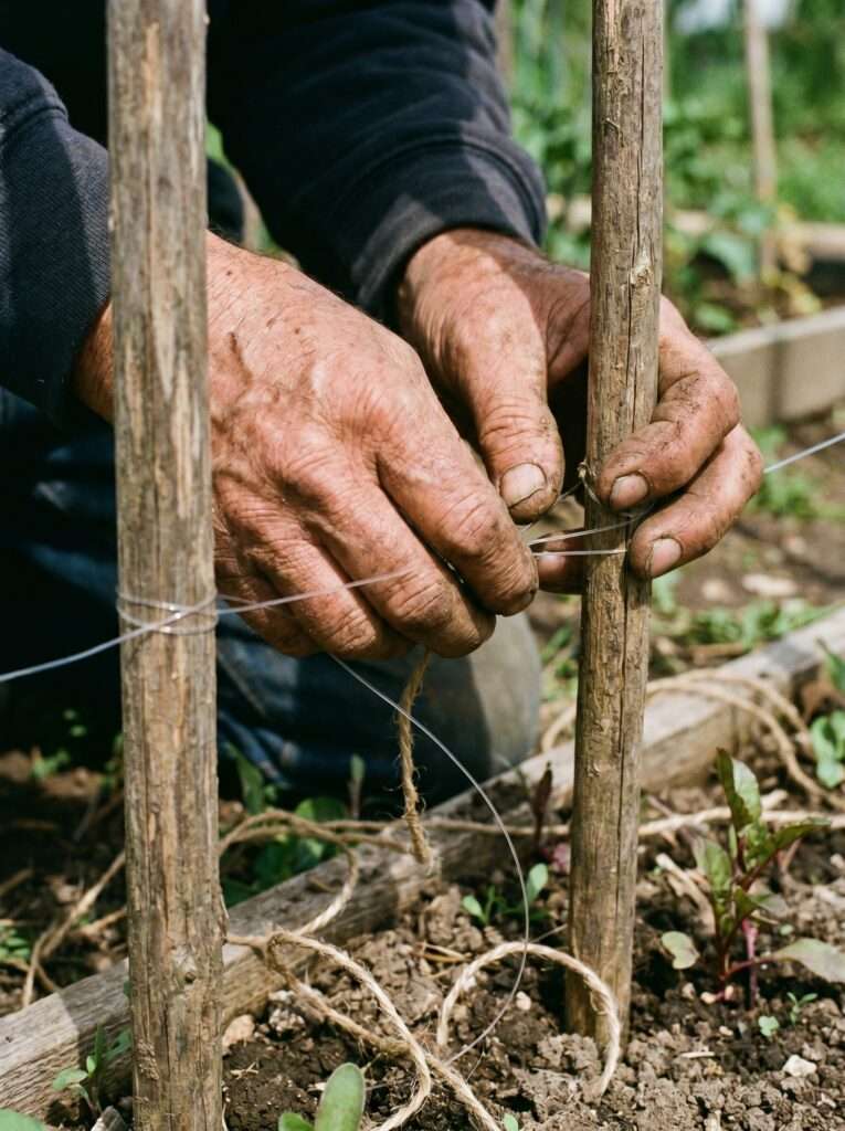 A close-up shot of weathered hands wrapping clear monofilament fishing line around simple wooden stakes in a vegetable garden.