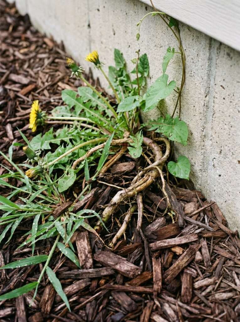 Troublesome weeds growing through a gap in garden mulch.