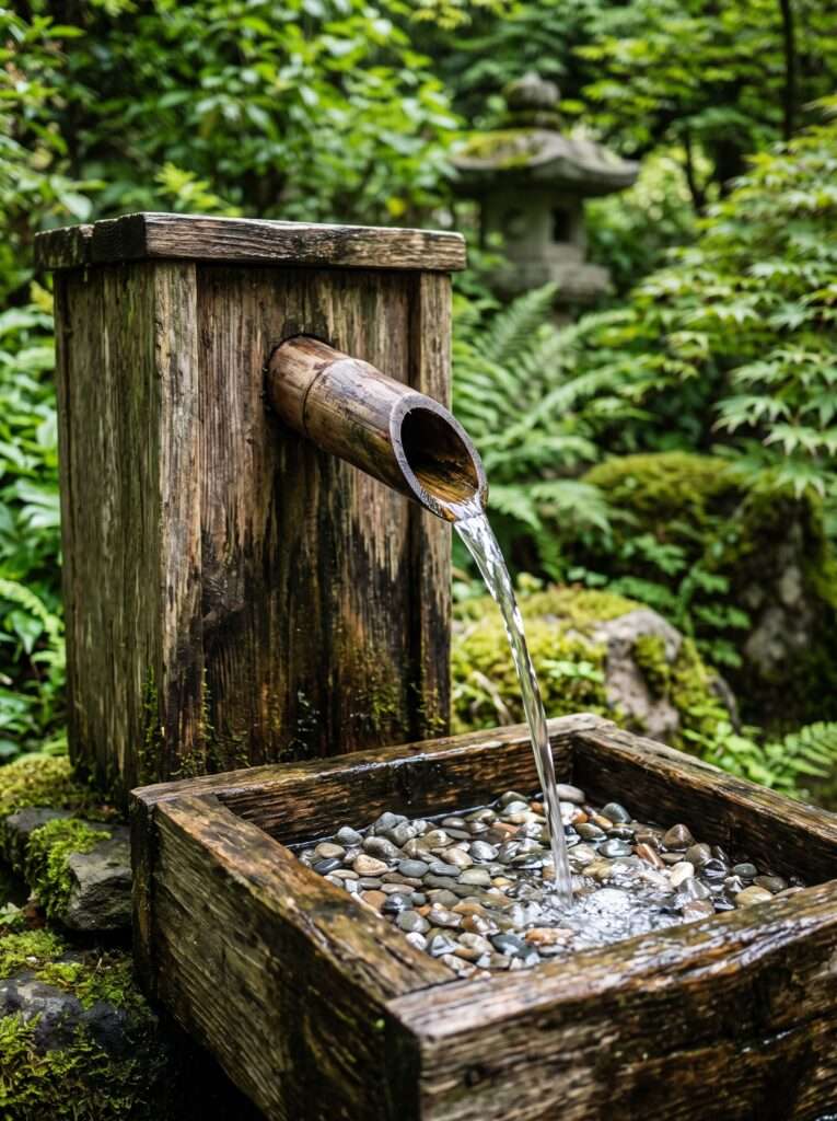 Scrap wood water cascade box using an angled bamboo spout for water flow