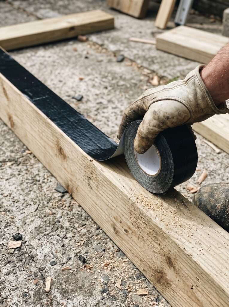 black joist flashing tape being applied to a low profile deck frame