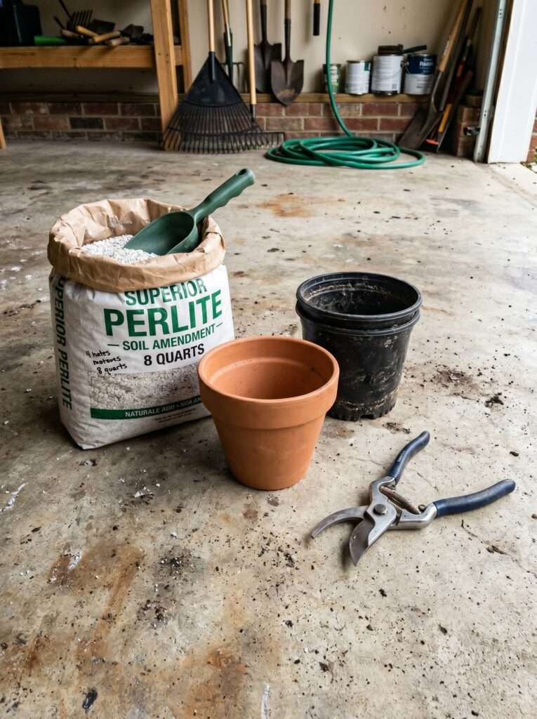 Affordable gardening supplies including perlite, pots, and pruners for proper plant drainage.