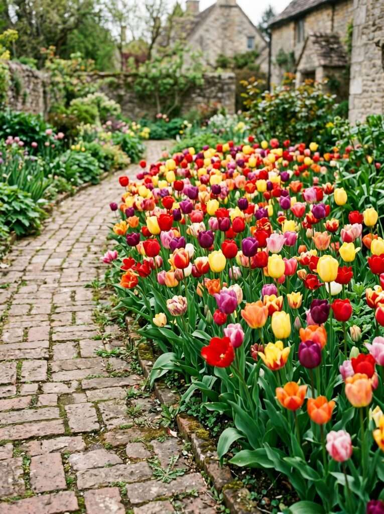 A dense drift of colorful spring tulips blooming naturally along a weathered backyard brick path.