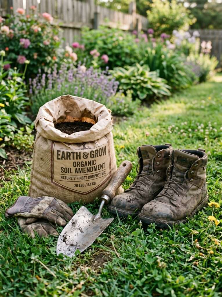 Affordable basic gardening tools and a bag of compost sitting on a suburban lawn.