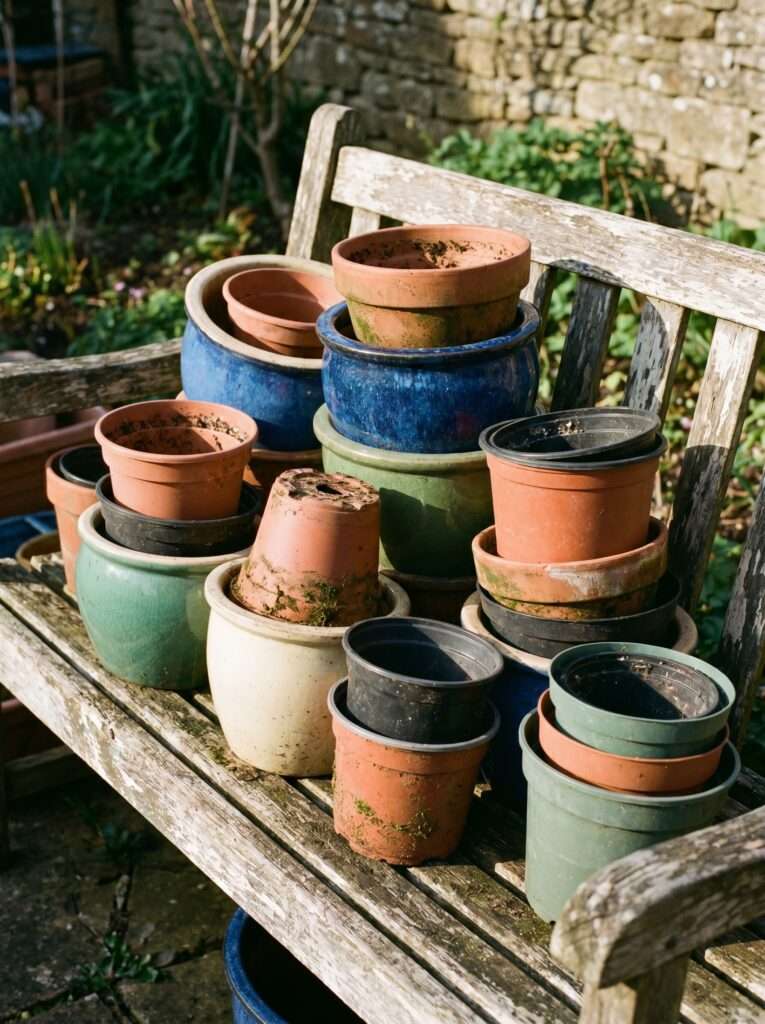 Assorted plastic and glazed ceramic nursery pots stacked outside.