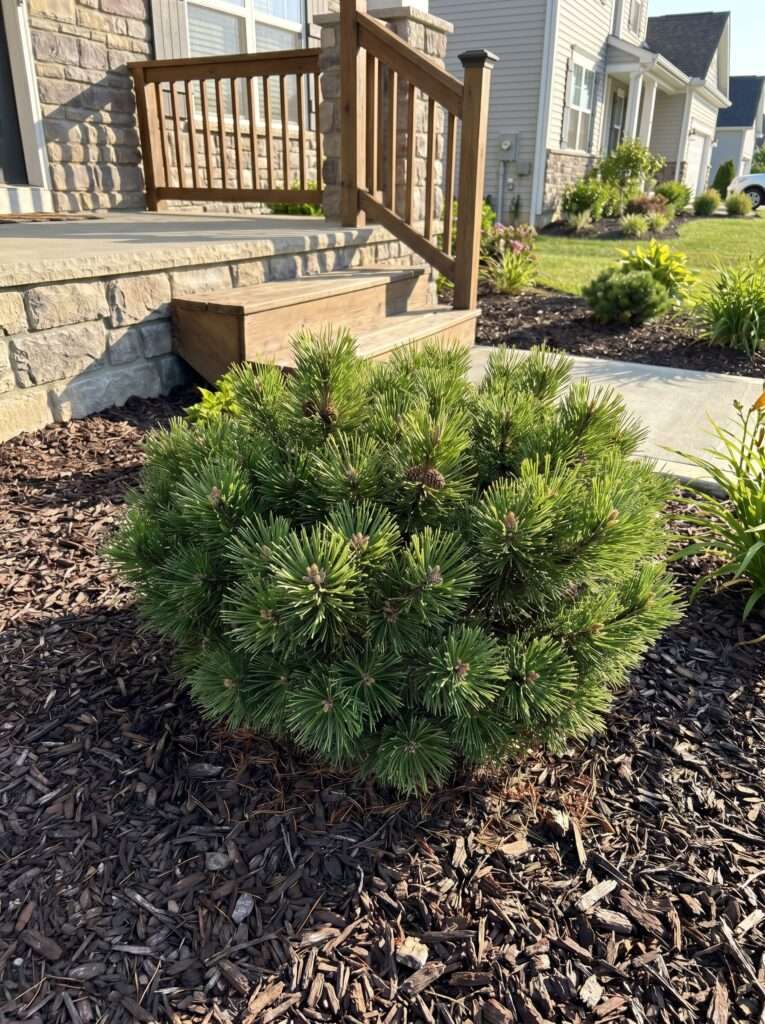 Compact dwarf mugo pine evergreen shrub in a front yard garden bed.