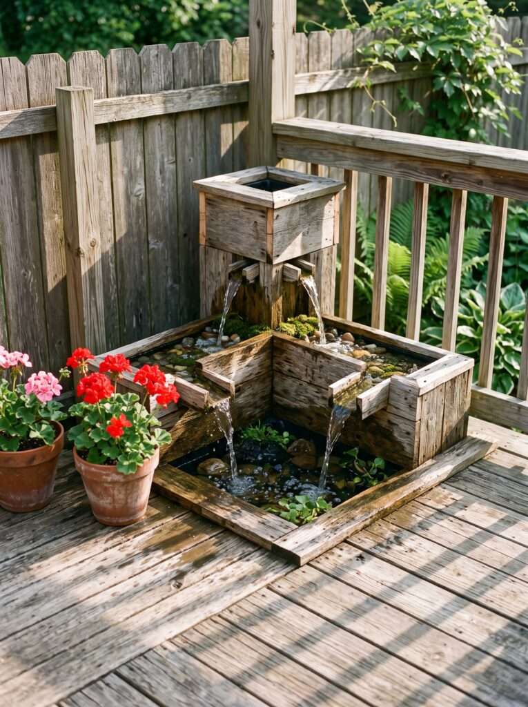 Corner L shaped scrap wood water fountain on a backyard wooden deck