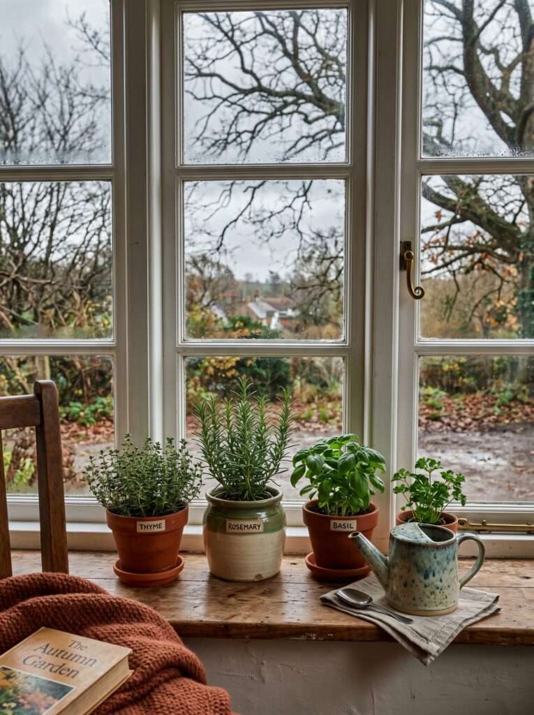 Indoor windowsill plants during winter when watering needs to be reduced.