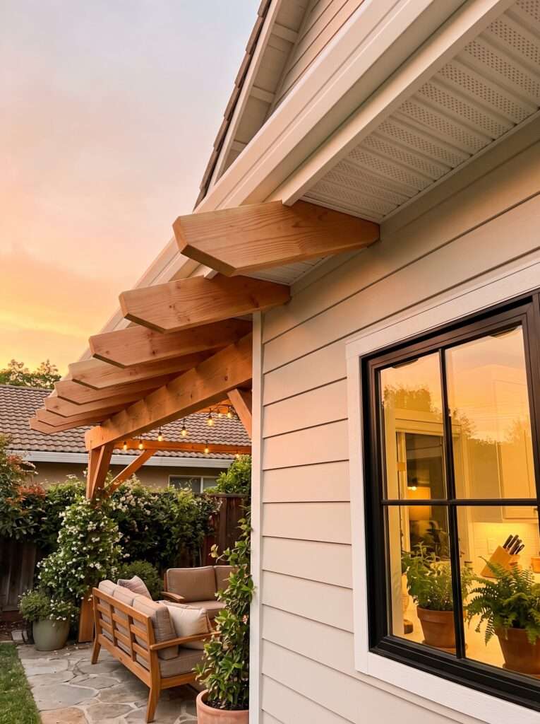 Wood pergola rafters installed directly up through an aluminum soffit into hidden roof trusses.