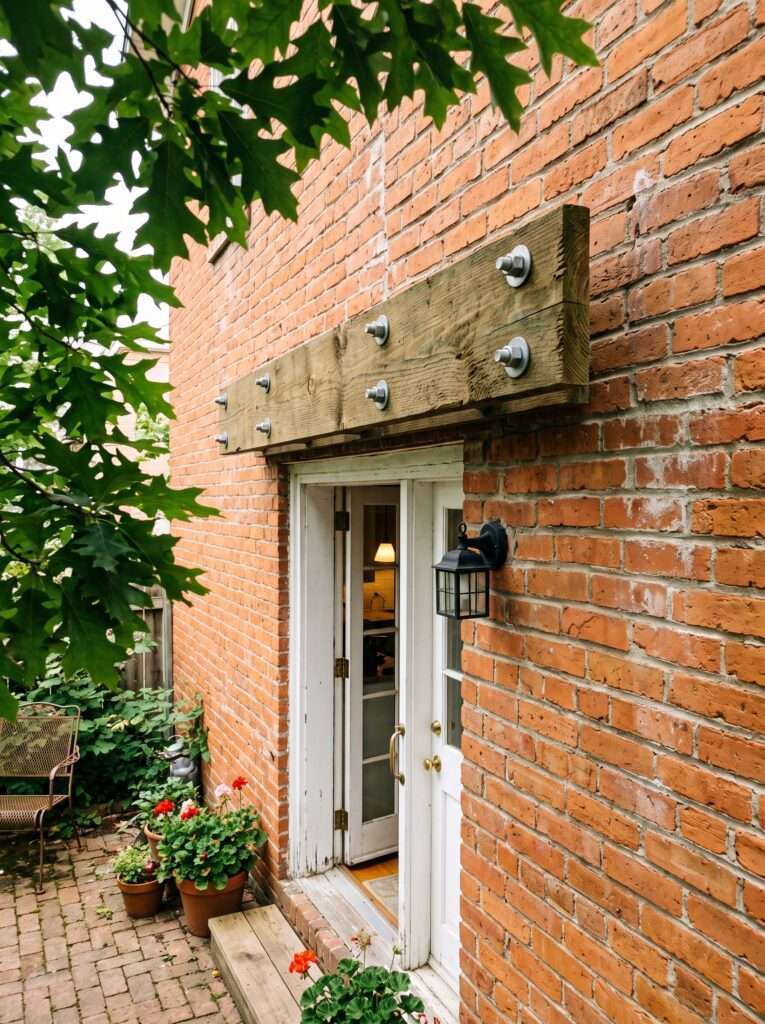 Heavy timber ledger board mounted with structural spacers onto a brick home exterior wall.