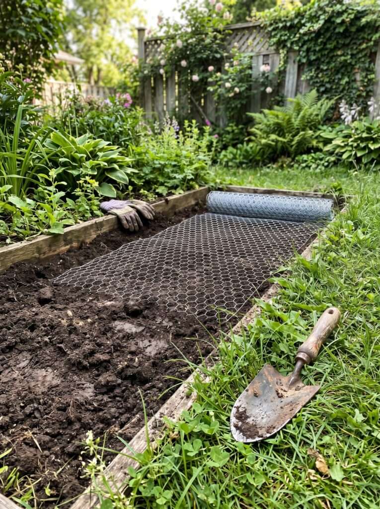 Installing a protective layer of chicken wire in a garden bed to protect newly planted flower bulbs from pests.