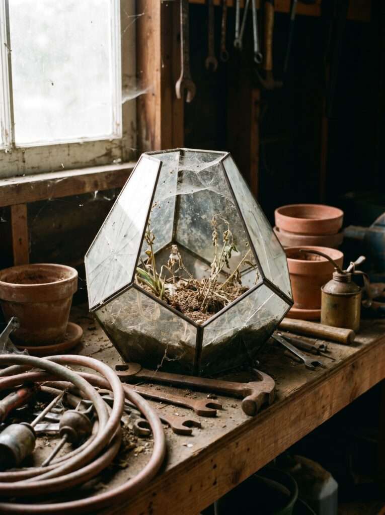 An empty glass terrarium container sitting unused on a garage shelf.