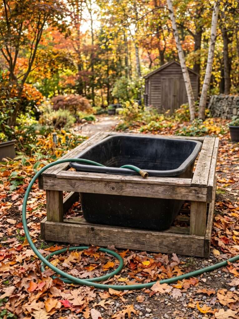Draining and winterizing an outdoor patio pond liner before the first frost.