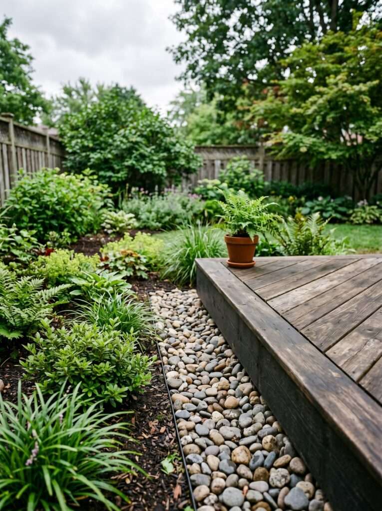 low profile deck edge transition into a neat rock and shrub garden border