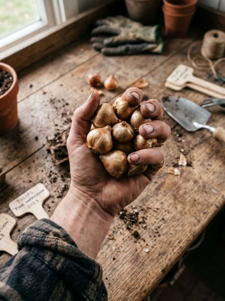 A close-up of a gardener holding healthy, firm tulip bulbs over an old wooden garden table.