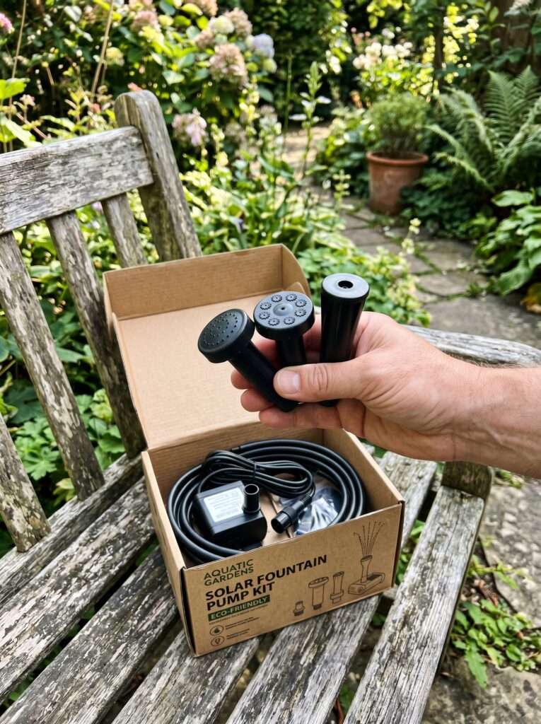 A selection of solar fountain pump attachments and nozzles being unpacked outdoors.
