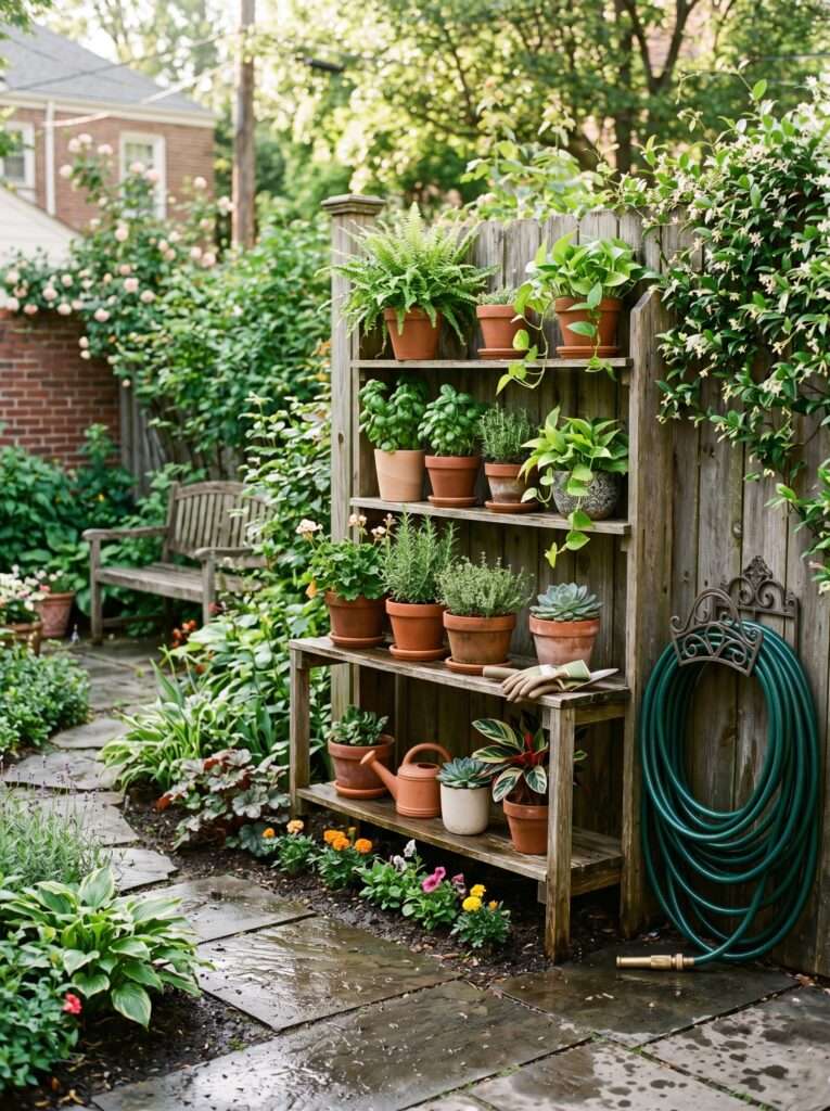 Well-drained potted plants resting on outdoor wooden shelves in a backyard garden.