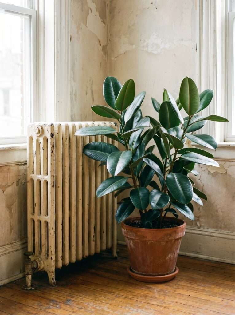 Waxy-leaved rubber tree houseplant thriving indoors near a heater.
