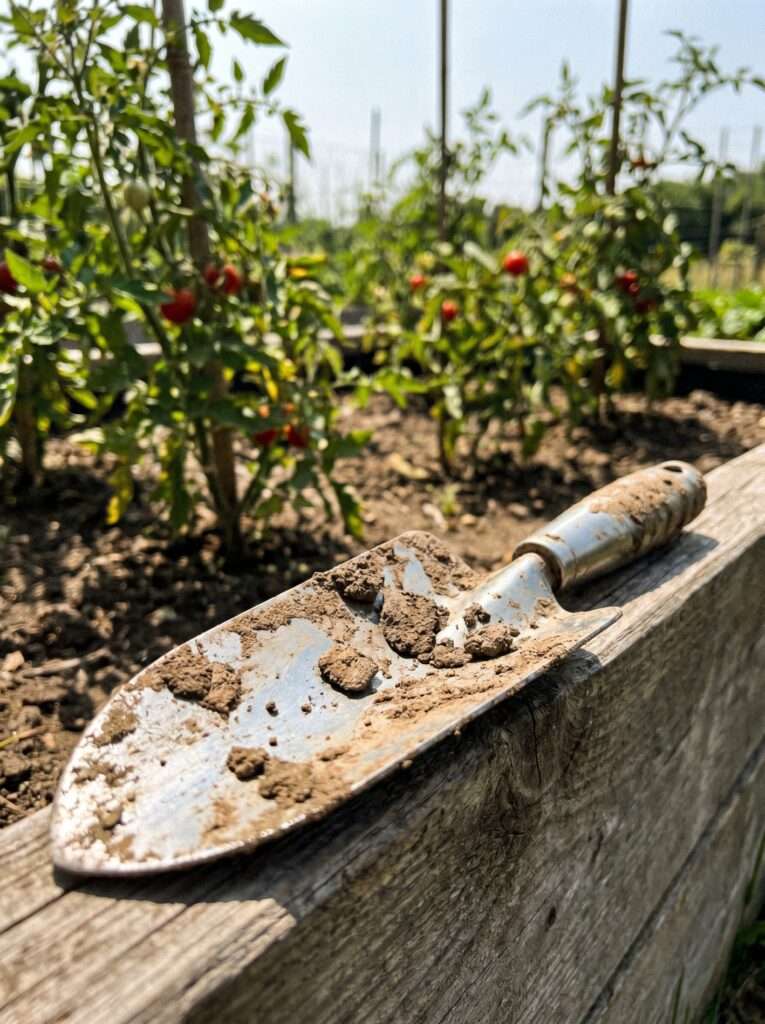 Single piece stainless steel trowel with dry mud on a raised bed