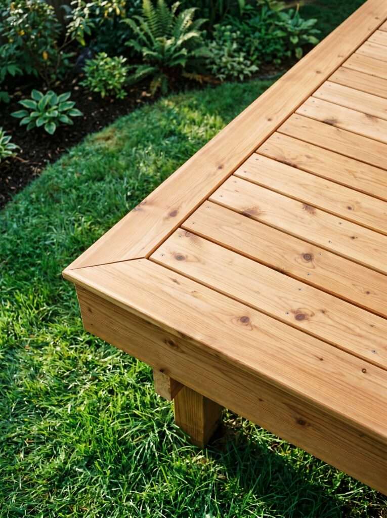 finished picture frame border corner on a low profile cedar backyard deck