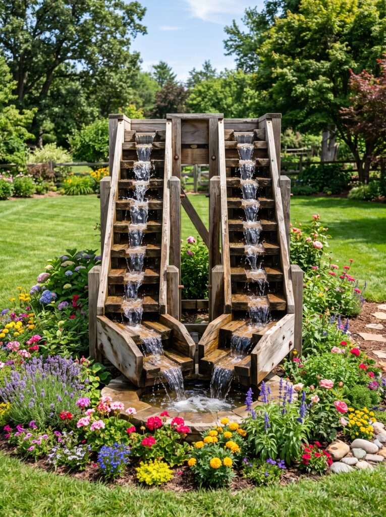 Double sided tiered scrap wood water feature placed in a center garden bed