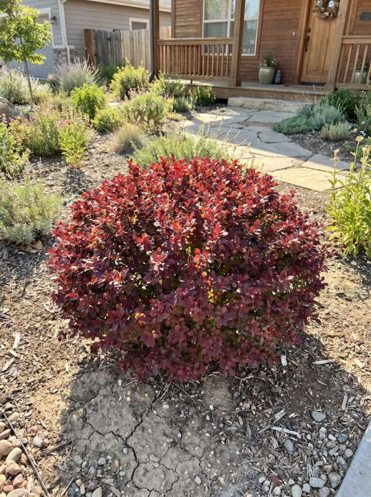 Low crimson barberry shrub with dark red leaves in full sun.