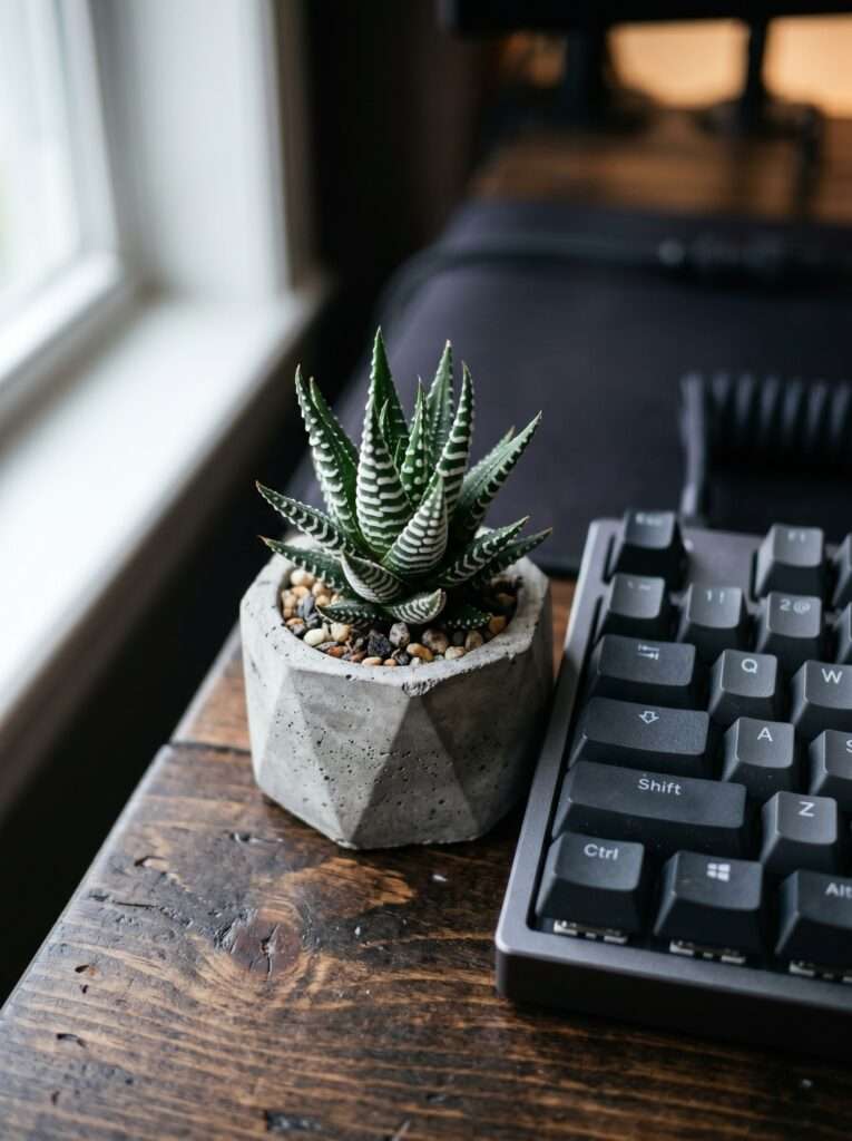Tiny zebra haworthia succulent pot sitting next to a computer keyboard.