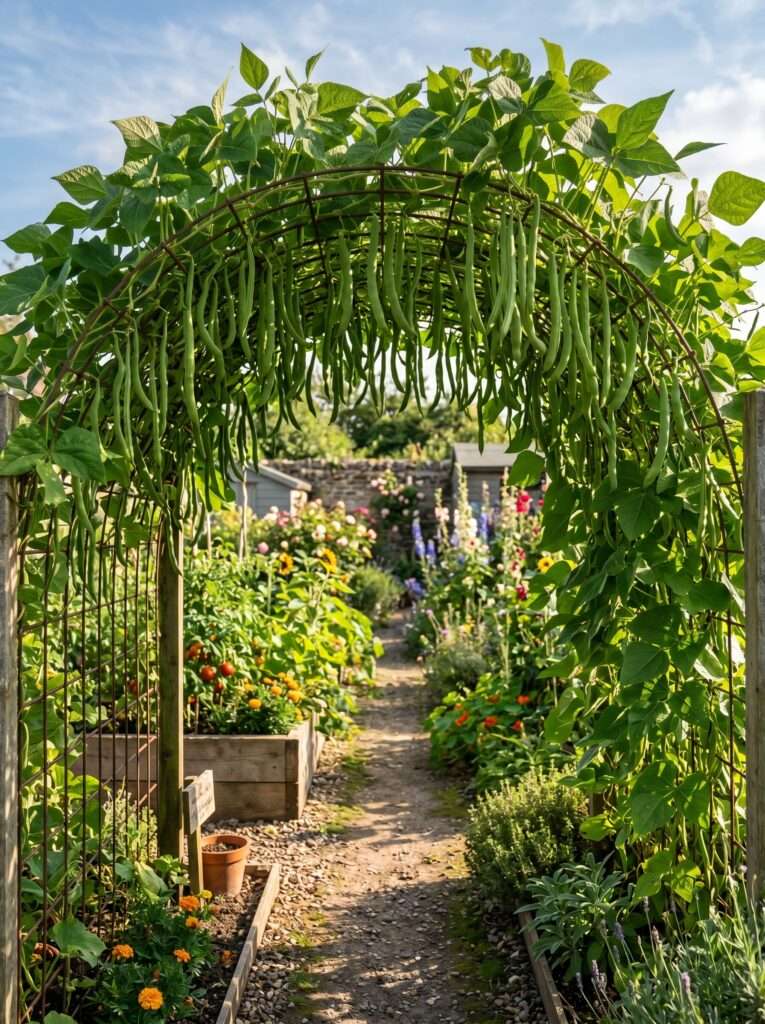 A homemade cattle panel garden arch covered in thick green climbing plants with dangling bean pods.