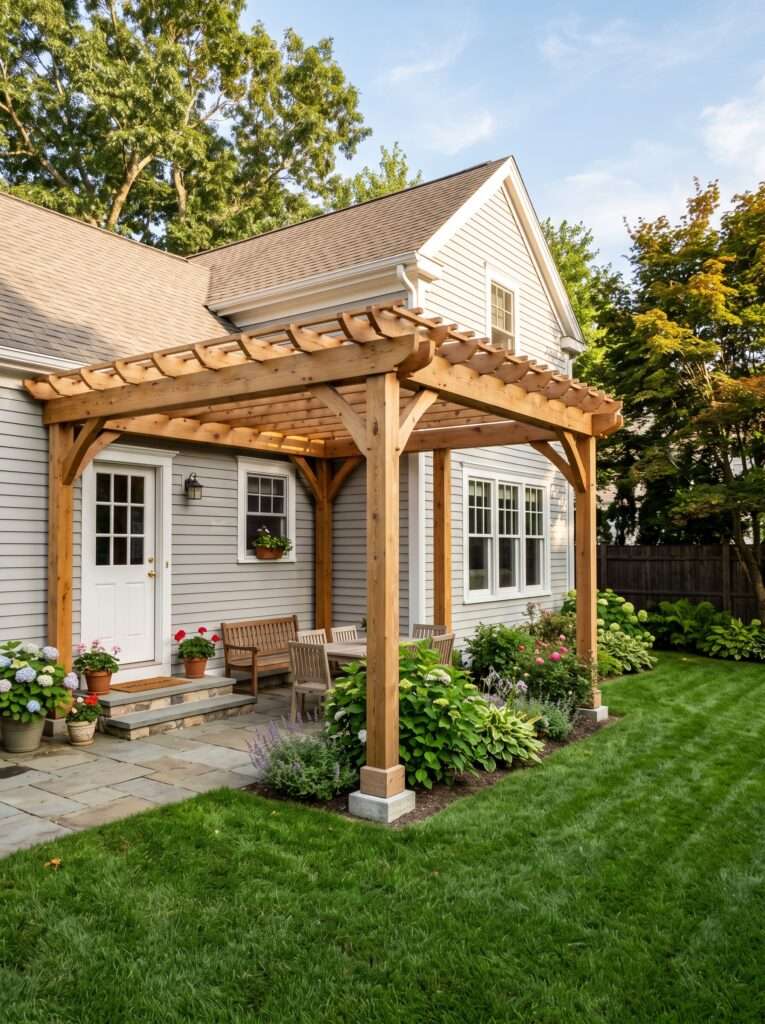 Custom cedar pergola wrapping around the corner of a grey clapboard house framing a back door.