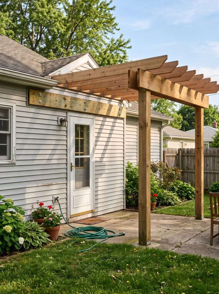 Wooden ledger board bolted to grey siding above a backdoor for an attached pergola frame.