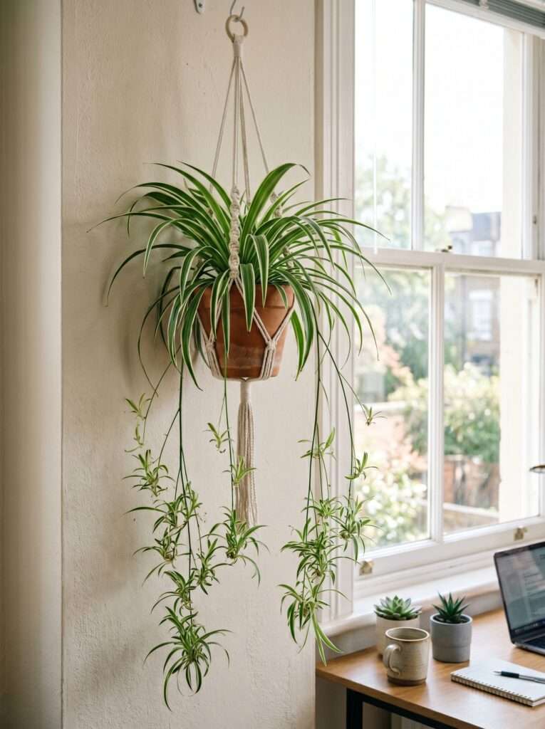 Striped spider plant hanging from a macrame hanger near a bright workspace window.