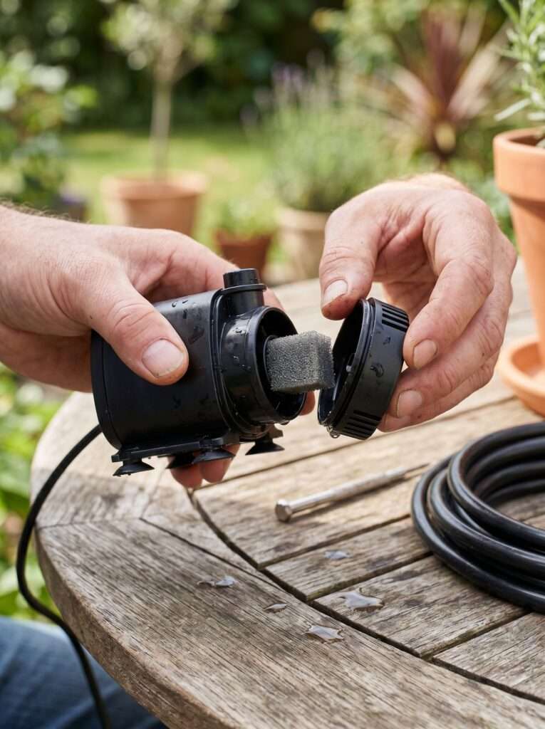 Cleaning a small submersible water pump filter for a home garden pond feature.