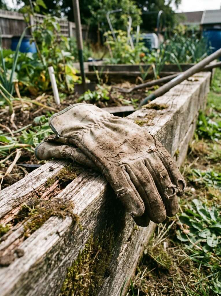 Worn and muddy gardening gloves resting on a wooden border.