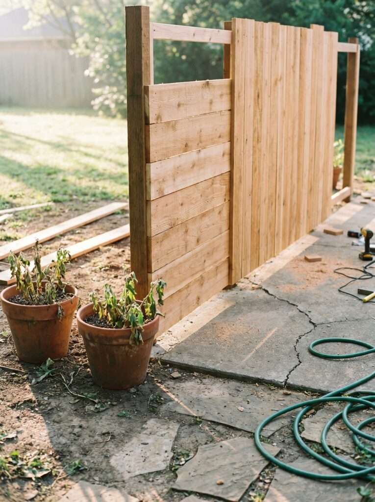 A partially built DIY wooden slatted privacy screen on a suburban home patio with garden tools nearby.