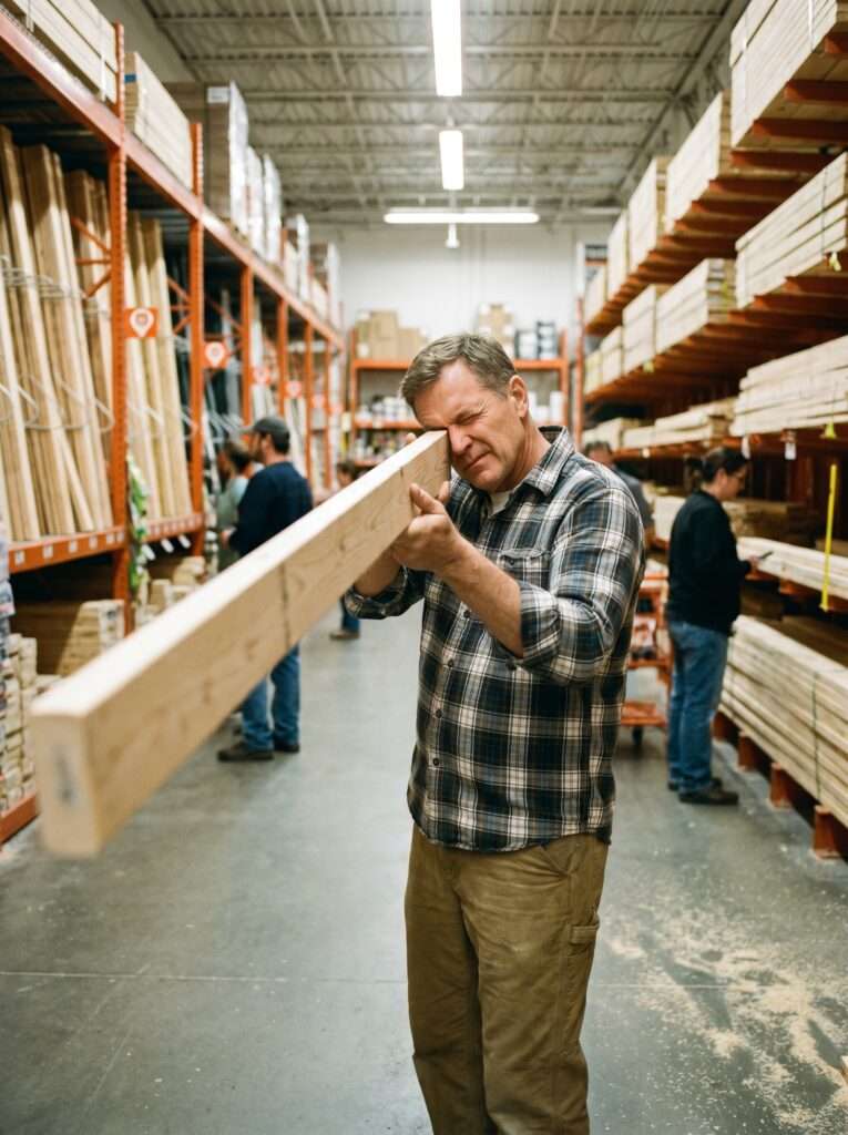 Selecting straight lumber boards at a home improvement store for a DIY project.