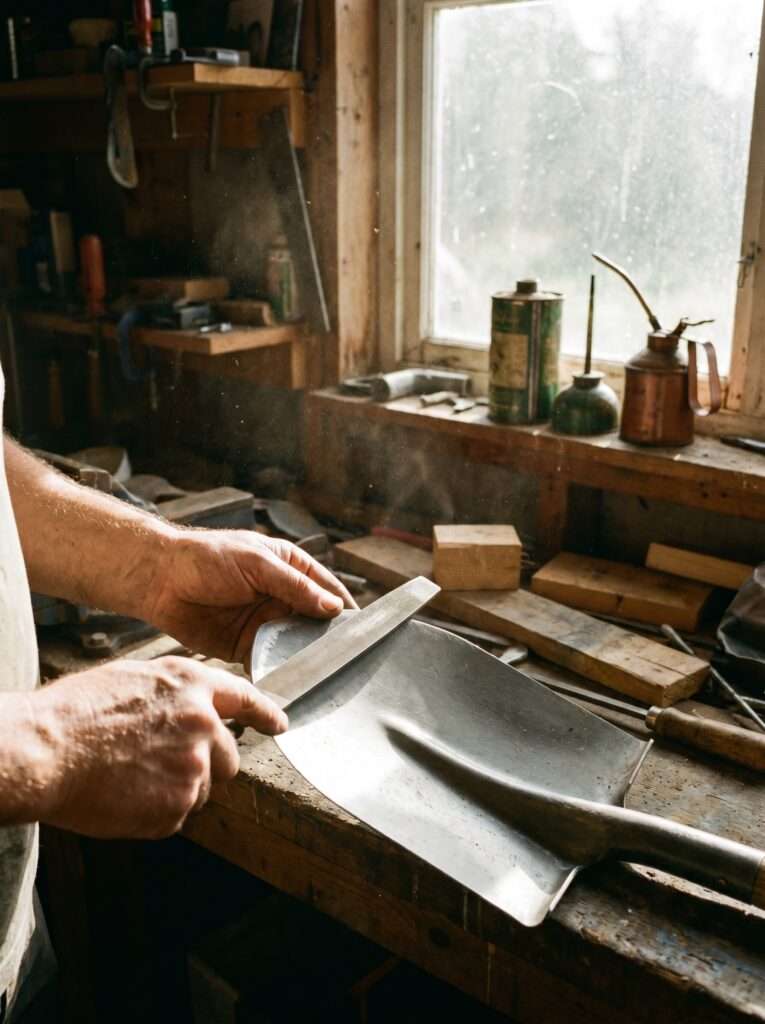 Sharpening the edge of a garden shovel with a metal file