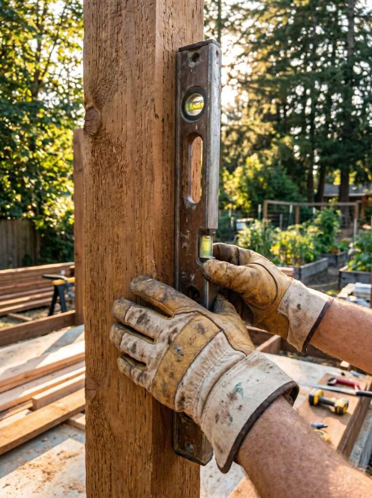 Checking a wooden framing post with a spirit level during a DIY patio screen build.