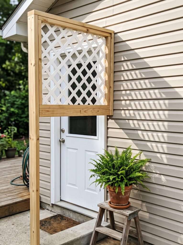 Lightweight wood pergola frame with a white lattice privacy panel above a back entrance door.