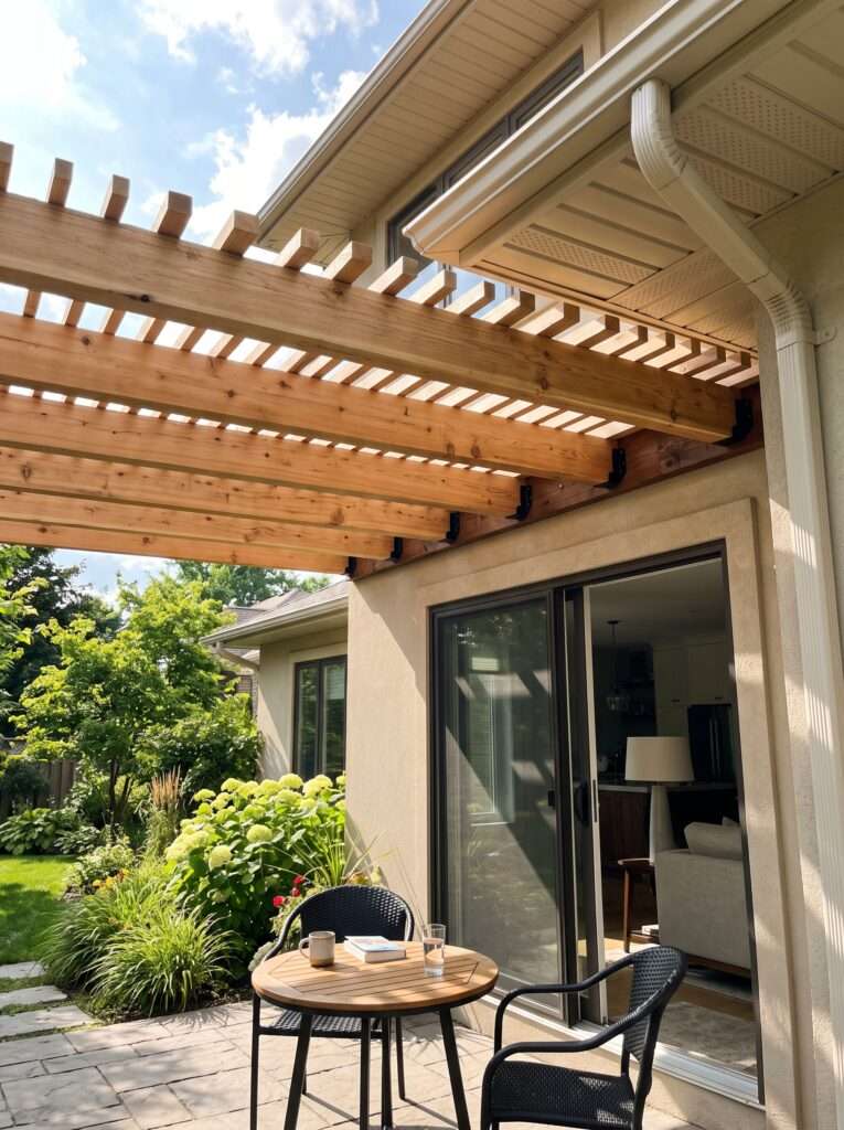 Flush mounted wood rafters using black joist hangers above a sliding patio door.