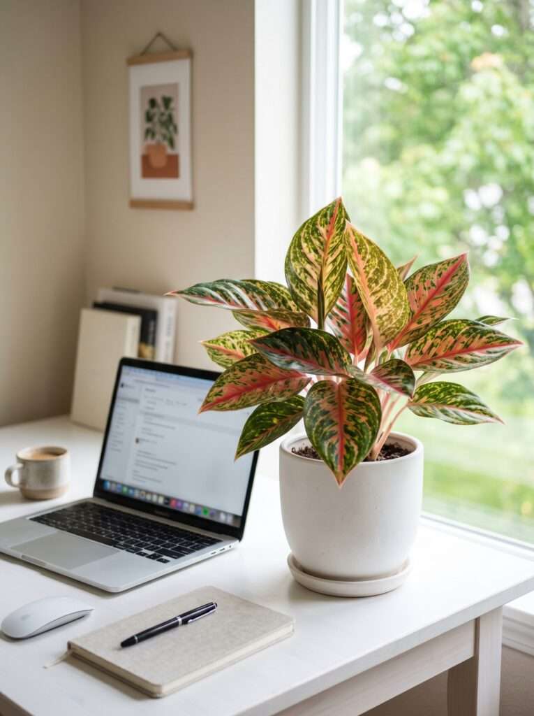 Red aglaonema plant with colorful pink and green leaves on an office desk.