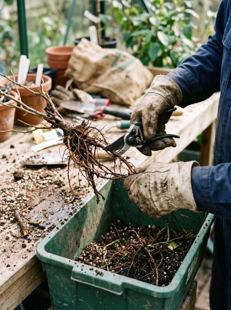 Trimming away rotten black roots from a plant using garden pruners.
