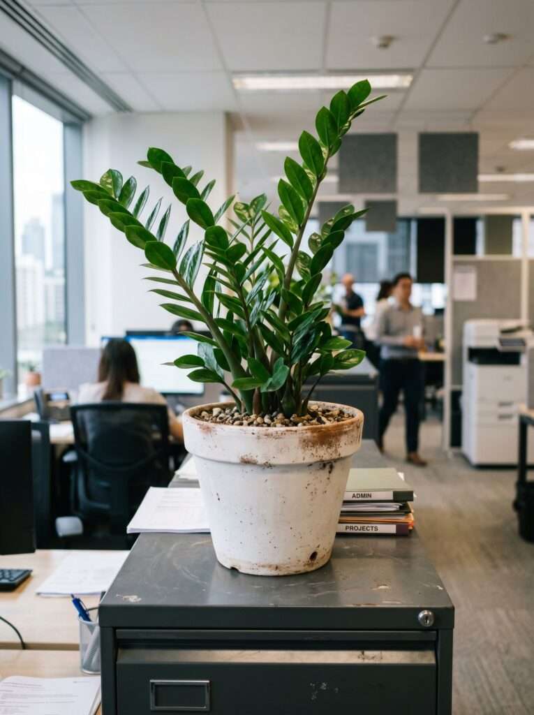 Glossy green ZZ plant in a white pot on top of an office filing cabinet.