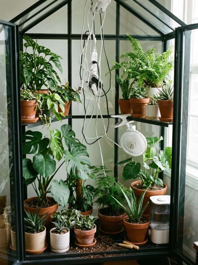 DIY indoor greenhouse cabinet filled with tropical house plants.