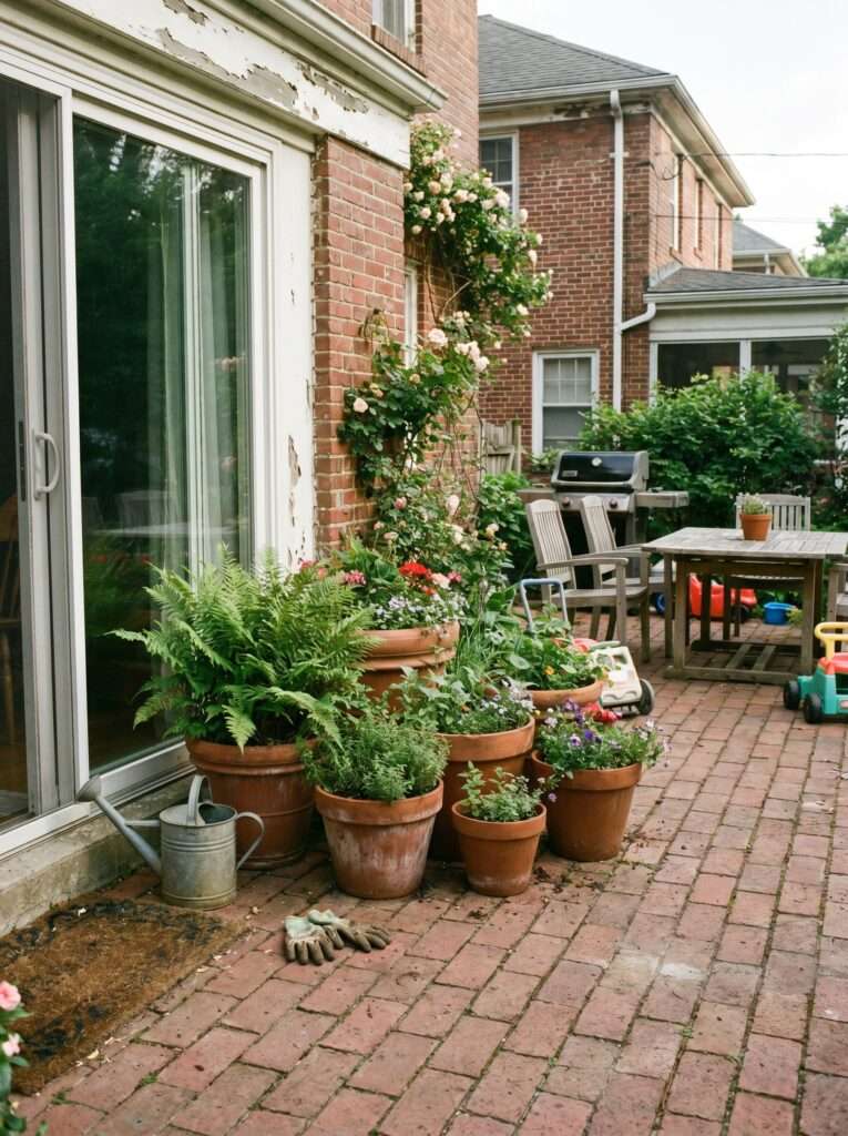 A real suburban brick patio with several terra cotta pots clustered near a sliding glass door, showing a natural, everyday living setup.