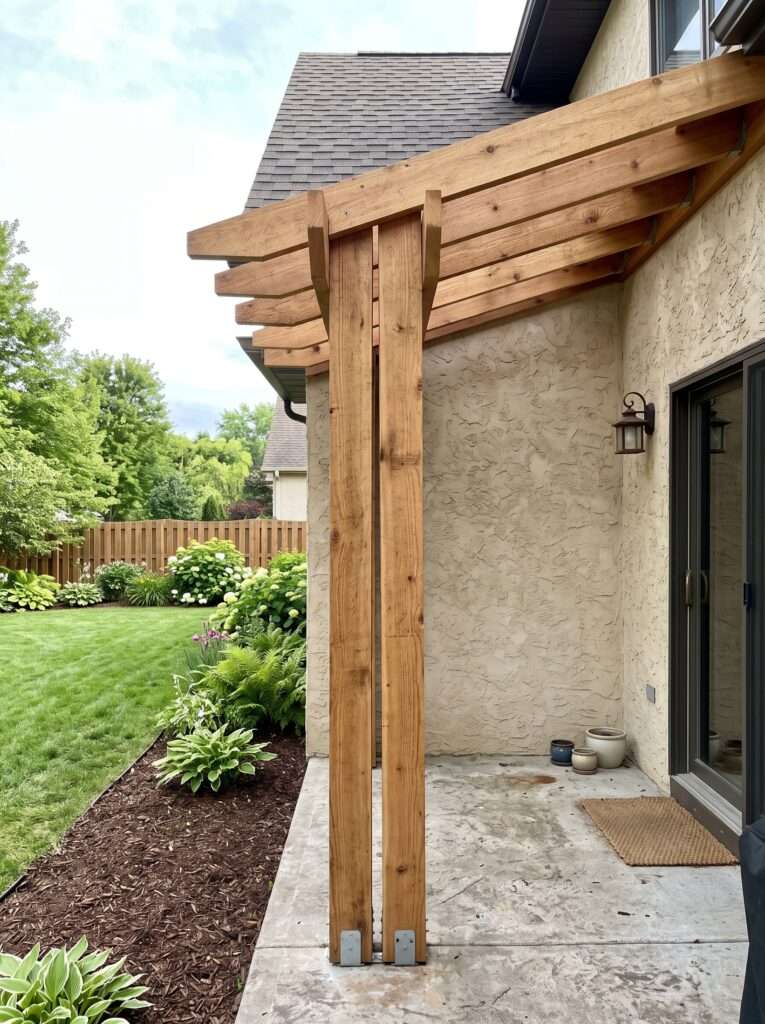 Angled wooden louver slats on a pergola casting deep shade over a house backdoor.