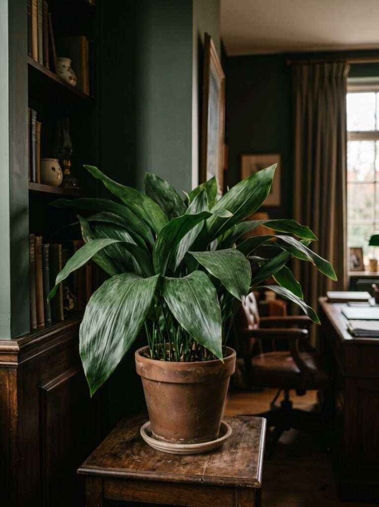 Large cast iron plant with broad green leaves in a dark office corner pot.