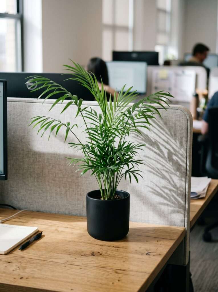 Small parlor palm plant in a black pot on a wooden desk in a cubicle.
