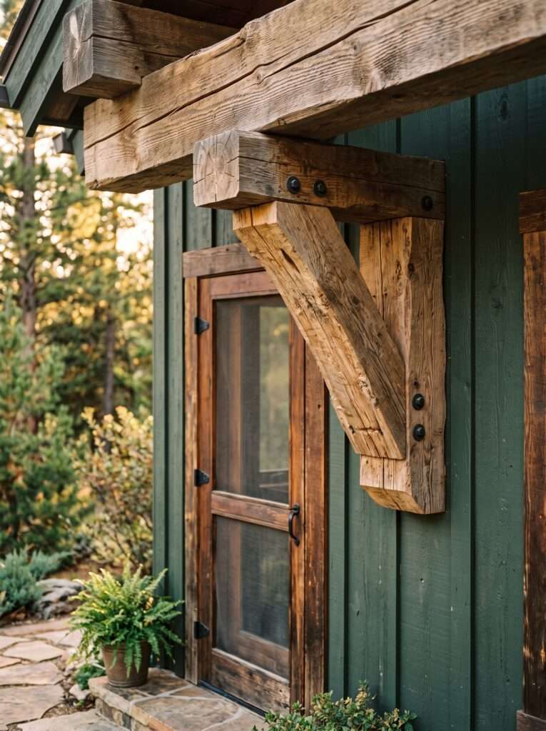 Heavy cedar corbel bracket supporting thick timber beams above a rustic back door.