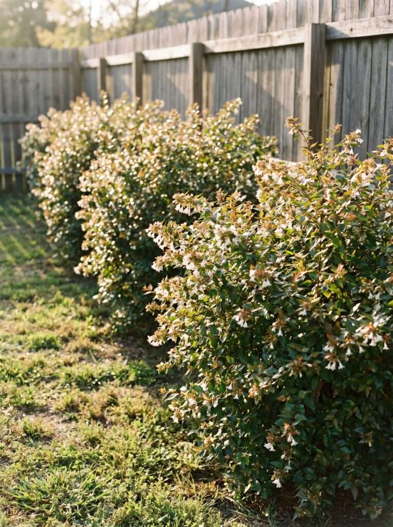 Glossy abelia hedge with small white flowers along a wooden fence.